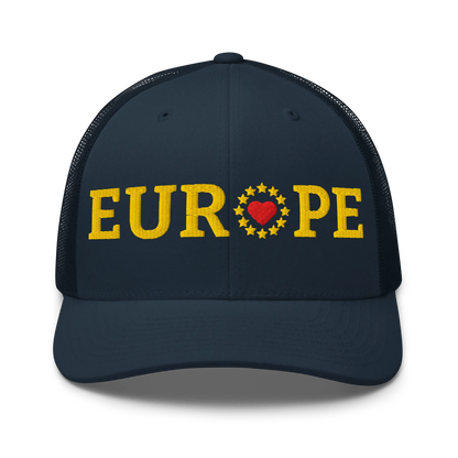 Navy Blue "EUROPE" Trucker Cap with "Show the Love for EU" emblem Front View