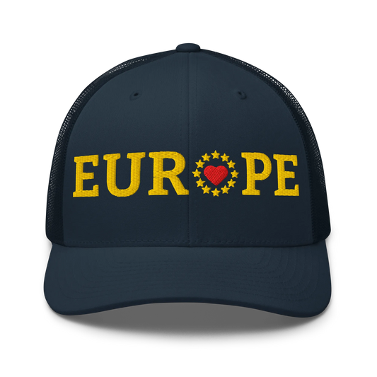 Navy Blue "EUROPE" Trucker Cap with "Show the Love for EU" emblem Front View