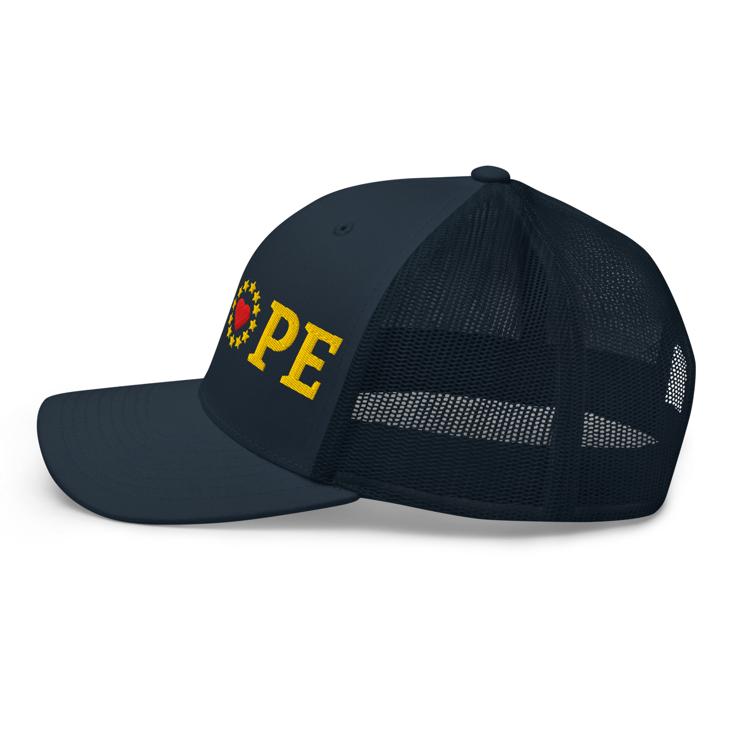 Navy Blue "EUROPE" Trucker Cap with "Show the Love for EU" emblem Left View