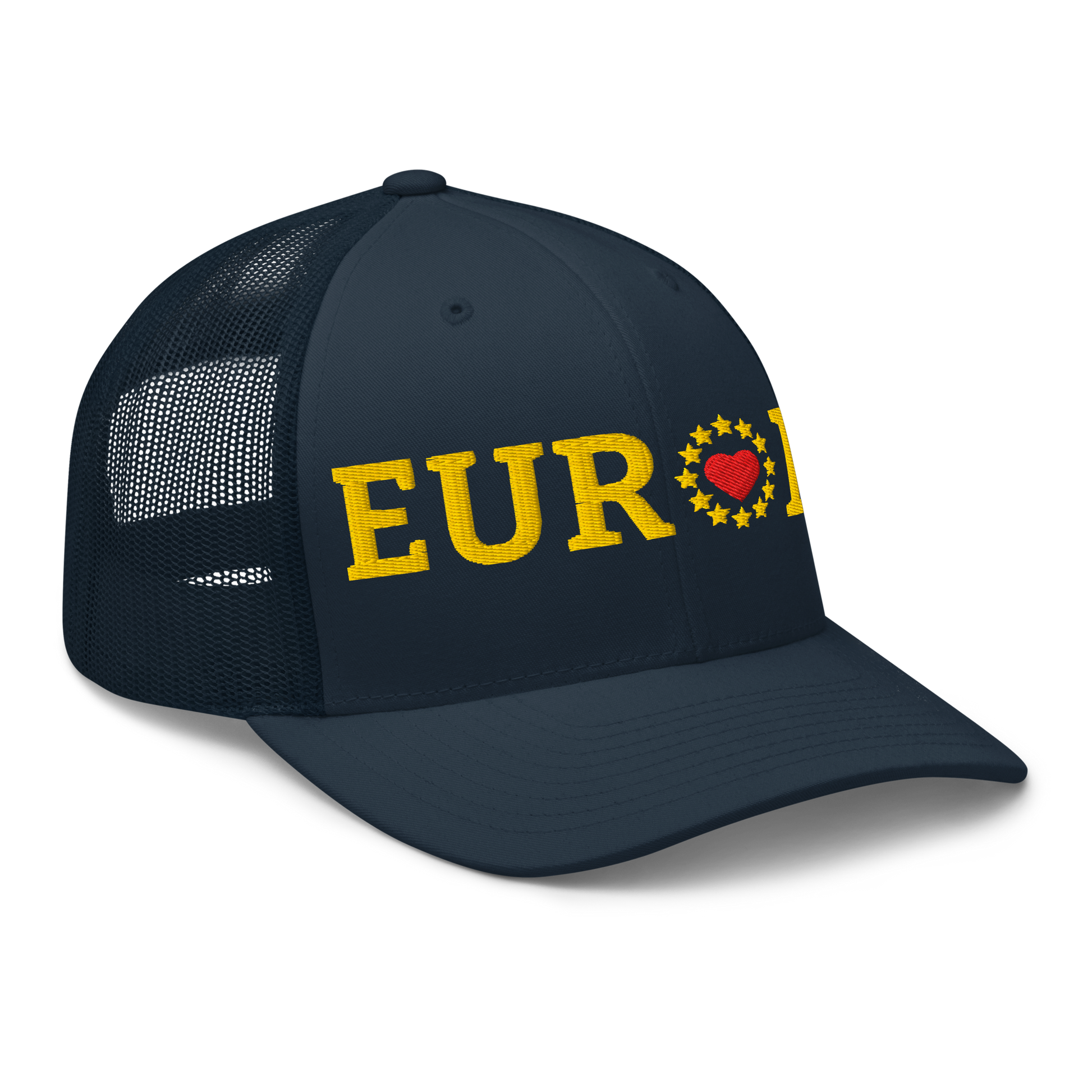 Navy Blue "EUROPE" Trucker Cap with "Show the Love for EU" emblem Right Front View