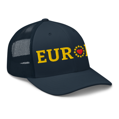 Navy Blue "EUROPE" Trucker Cap with "Show the Love for EU" emblem Right Front View