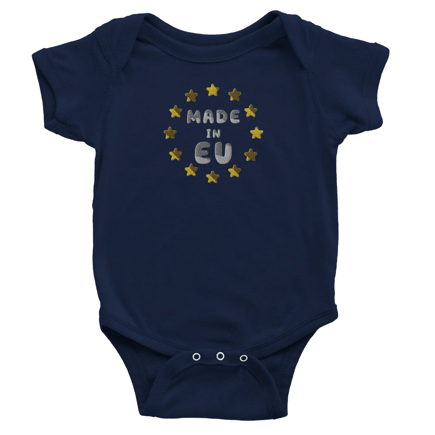 Navy Blue "Made in EU" Embroidered Baby Bodysuit Front View