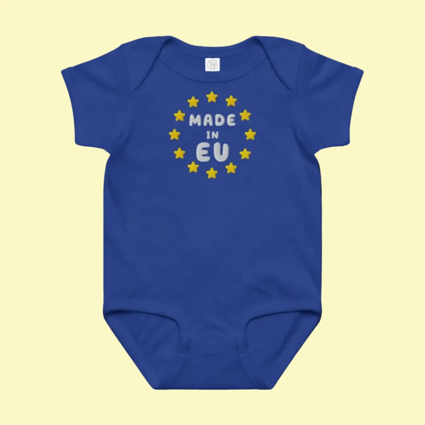 Navy Blue "Made in EU" Embroidered Baby Bodysuit Front View
