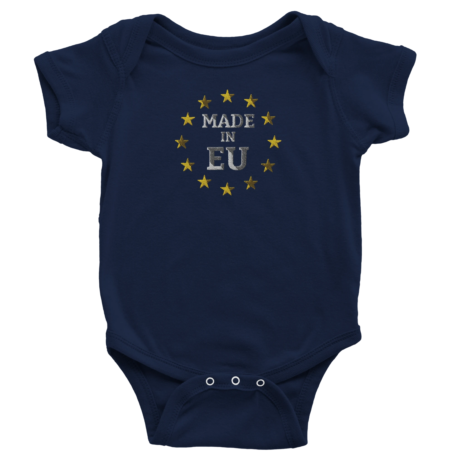 Navy Blue "Made in EU" Embroidered Baby Bodysuit Front View