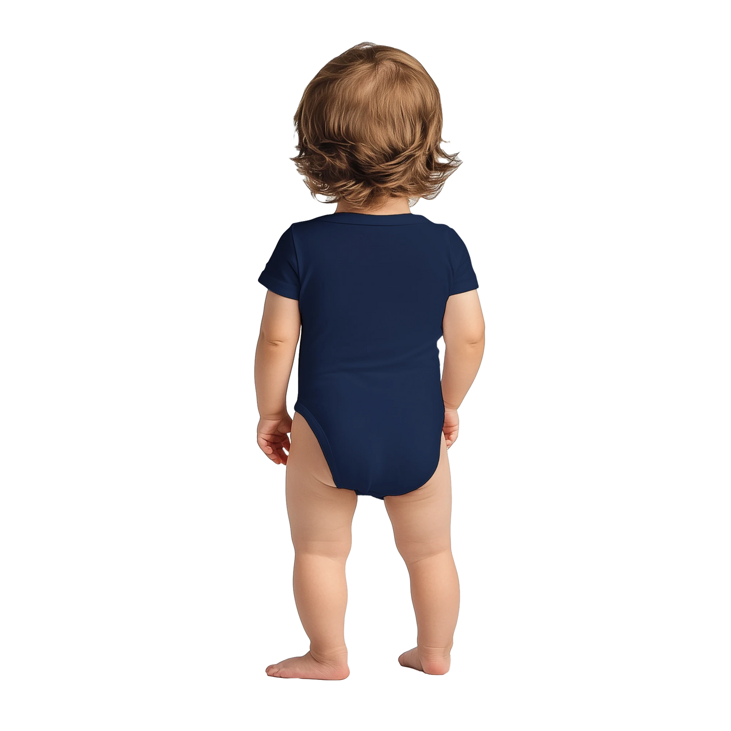 Navy Blue "Made in EU" Embroidered Baby Bodysuit on an AI Toddler Back View