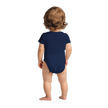 Navy Blue "Made in EU" Embroidered Baby Bodysuit on an AI Toddler Back View