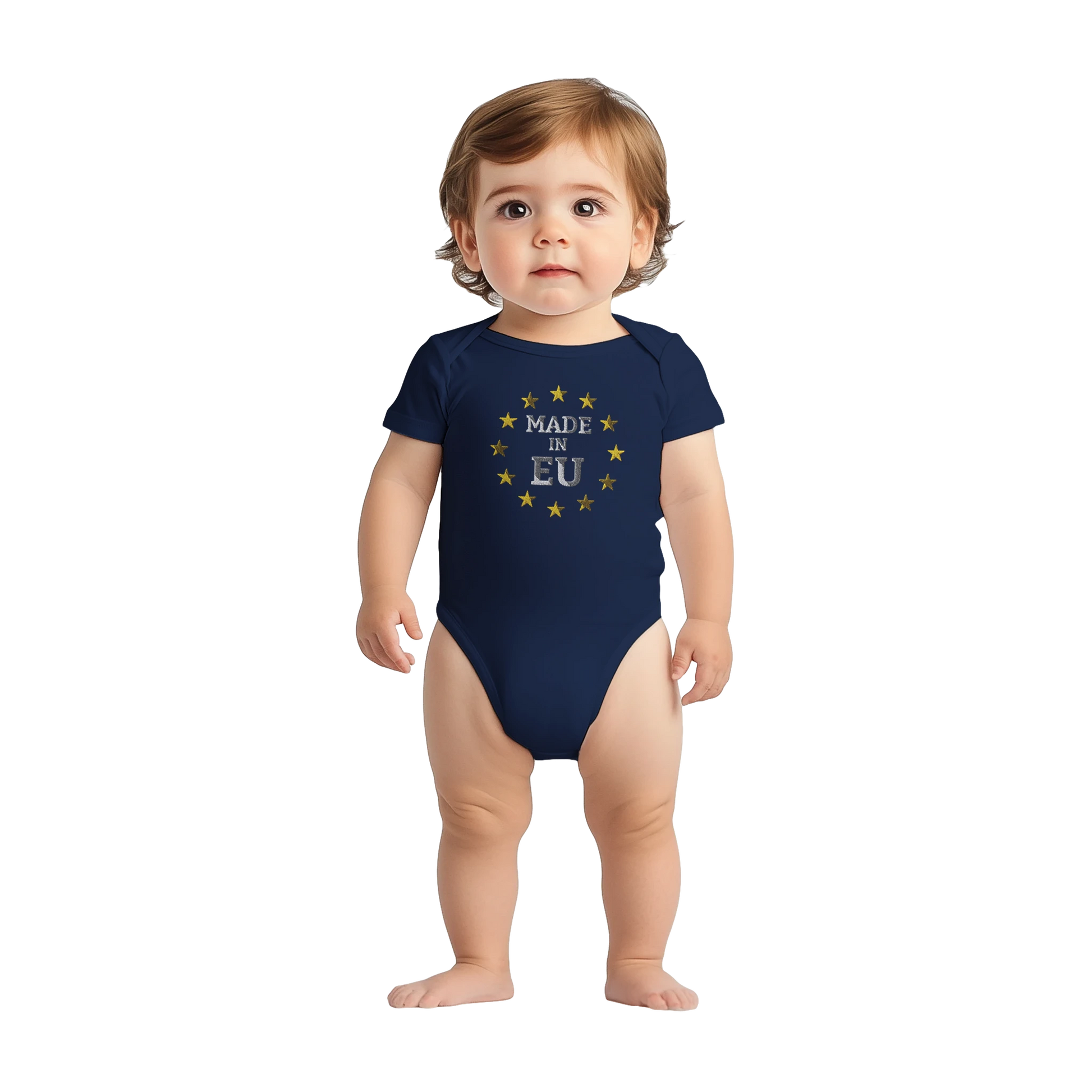 Navy Blue "Made in EU" Embroidered Baby Bodysuit on an AI Toddler Front View