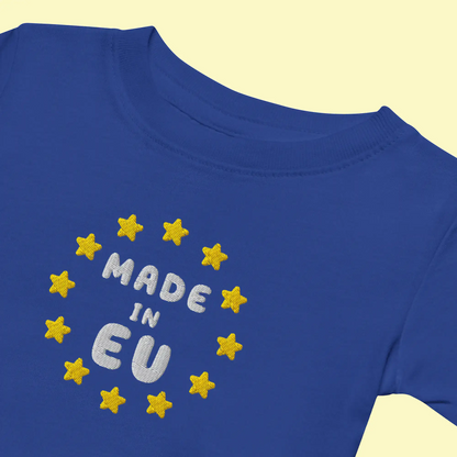 Navy Blue "Made in EU" Embroidered Baby T-shirt Front View close-up