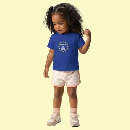 Navy Blue "Made in EU" Embroidered Baby T-shirt on a Girl Front View