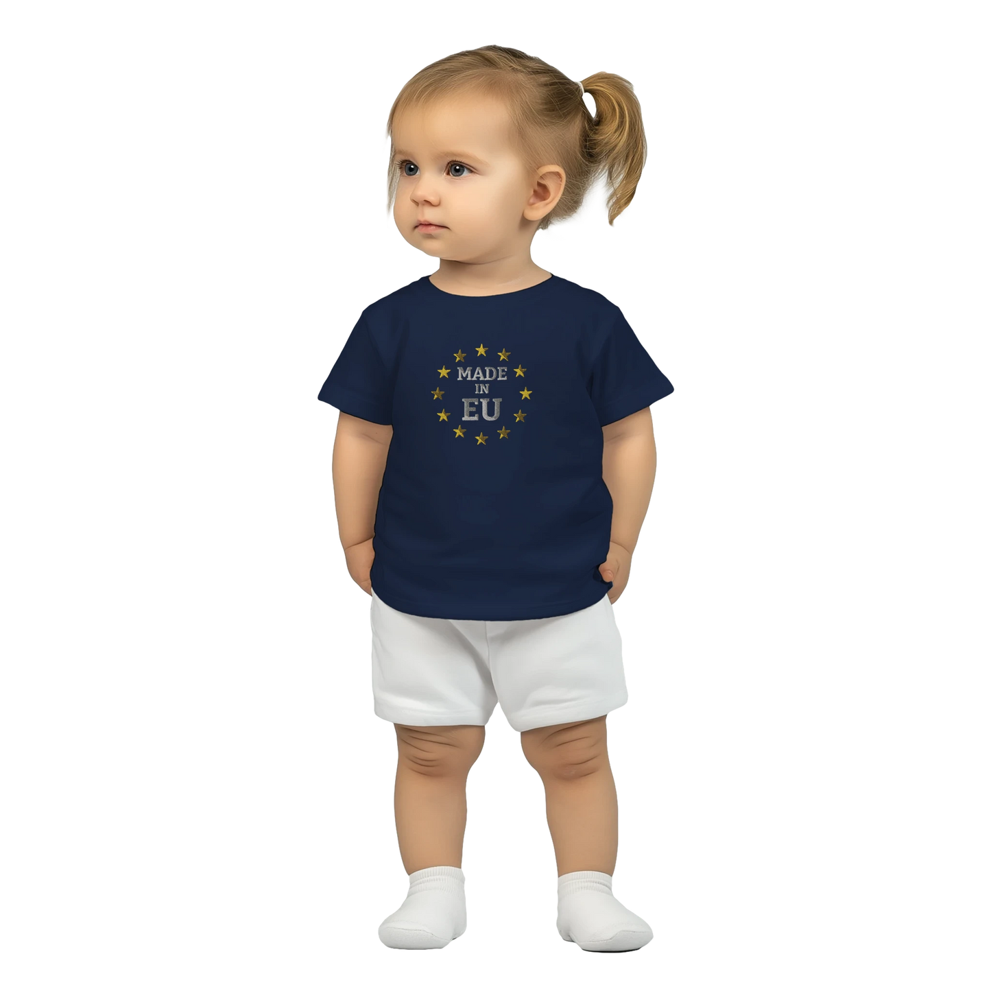 Navy Blue "Made in EU" Embroidered Baby T-shirt on an AI Baby Boy Front View