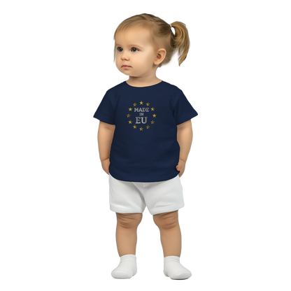 Navy Blue "Made in EU" Embroidered Baby T-shirt on an AI Baby Boy Front View