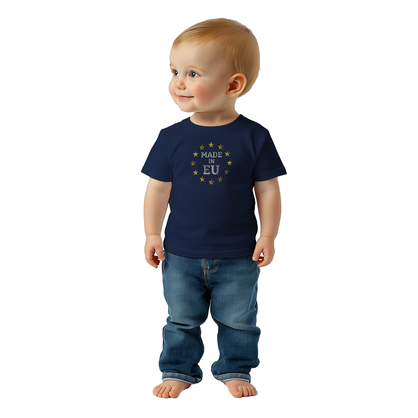 Navy Blue "Made in EU" Embroidered Baby T-shirt on an AI Baby Girl Front View