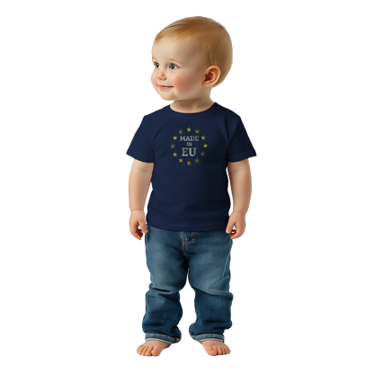 Navy Blue "Made in EU" Embroidered Baby T-shirt on an AI Baby Girl Front View