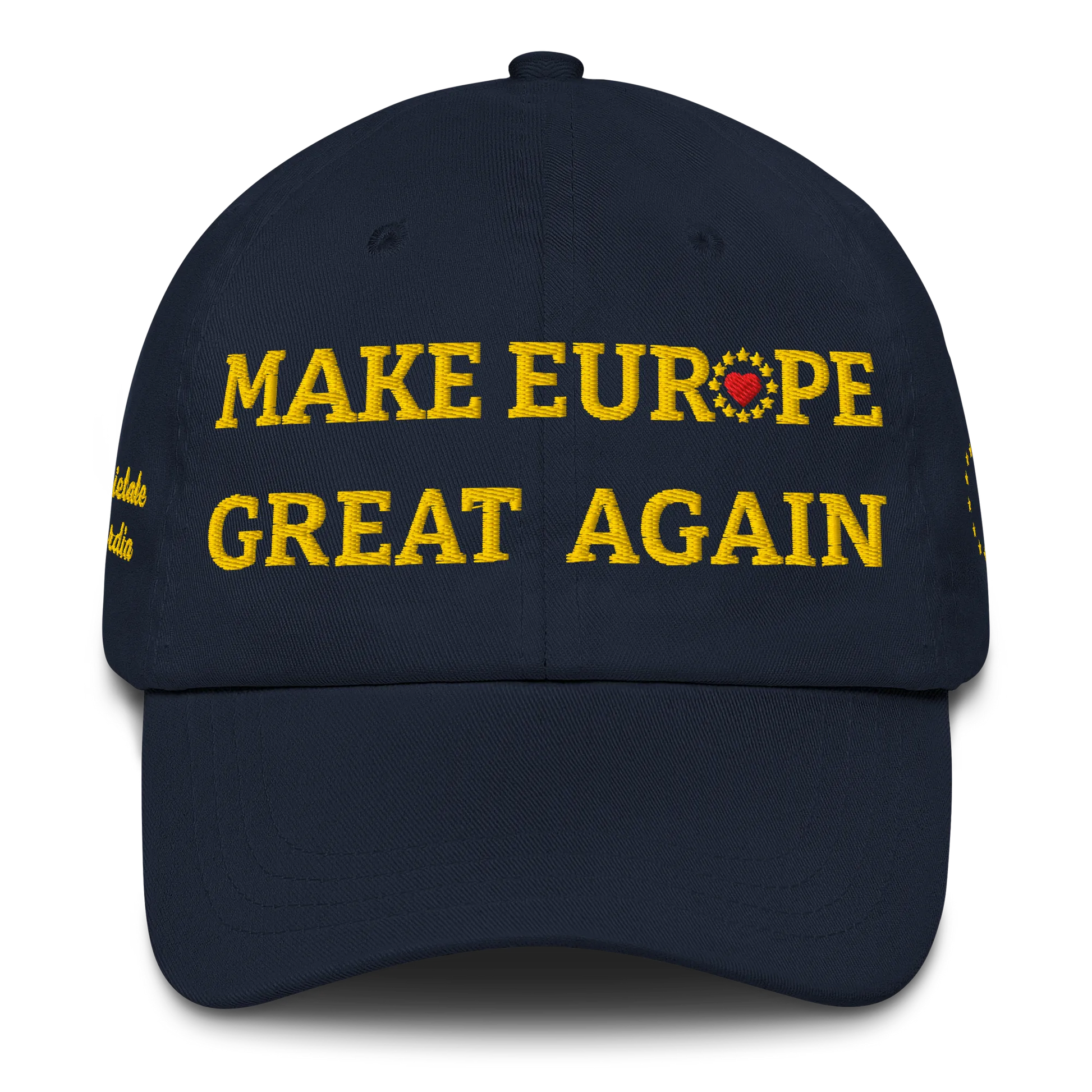 Navy Blue "Make Europe Great Again" / MEGA Cap with "Show the Love for Europe" emblem Front View