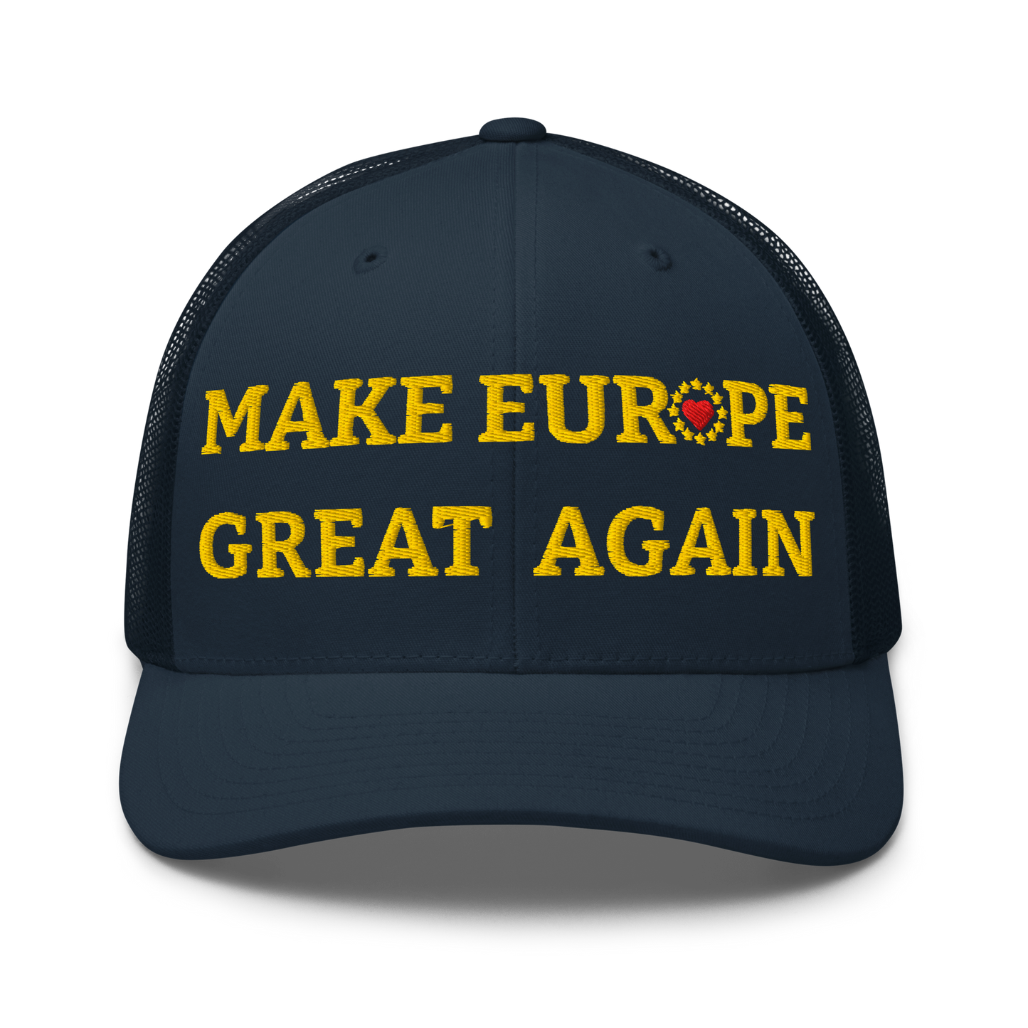 Navy Blue "Make Europe Great Again" / MEGA Trucker Cap with "Show the Love for EU" emblem Front View