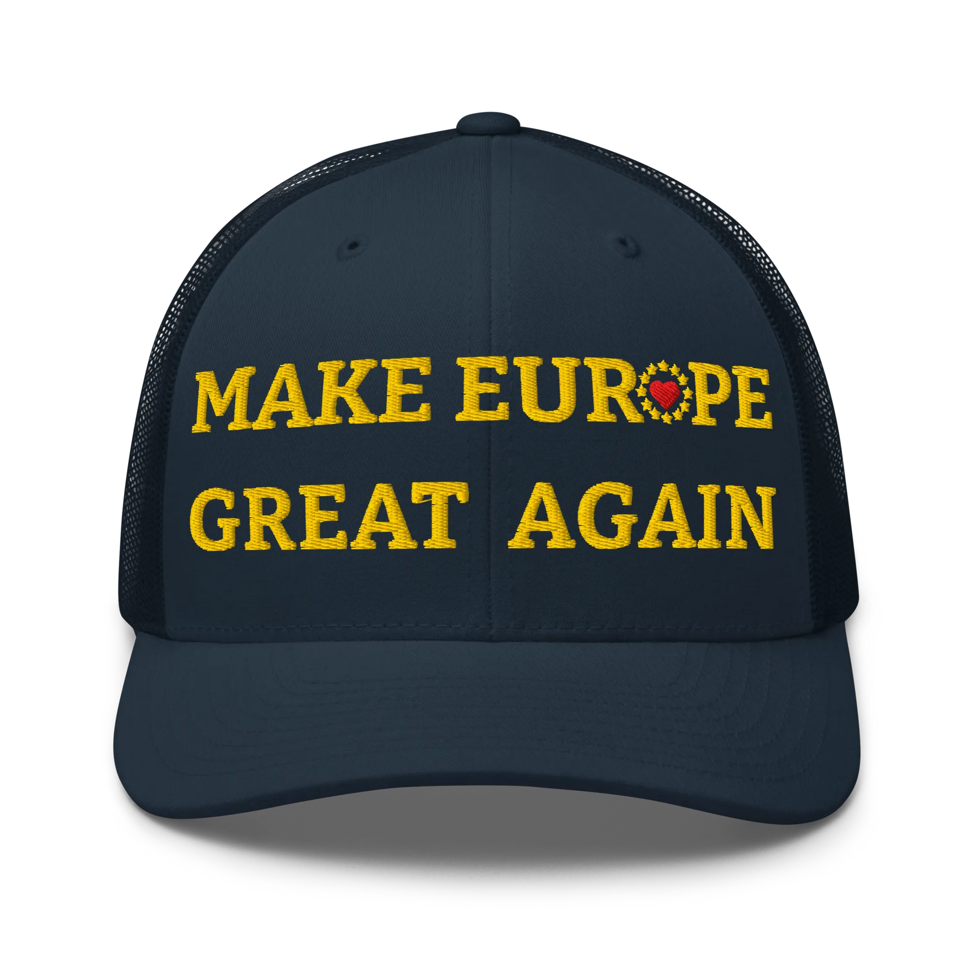 Navy Blue "Make Europe Great Again" / MEGA Trucker Cap with "Show the Love for EU" emblem Front View