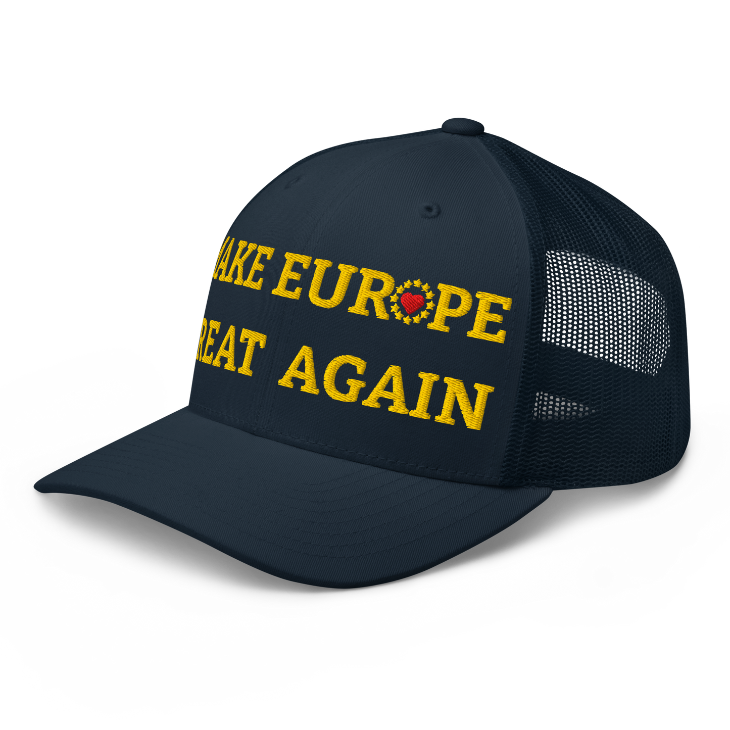 Navy Blue "Make Europe Great Again" / MEGA Trucker Cap with "Show the Love for EU" emblem Left Front View