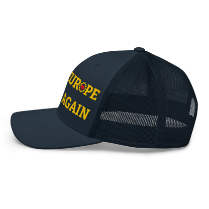 Navy Blue "Make Europe Great Again" / MEGA Trucker Cap with "Show the Love for EU" emblem Left View