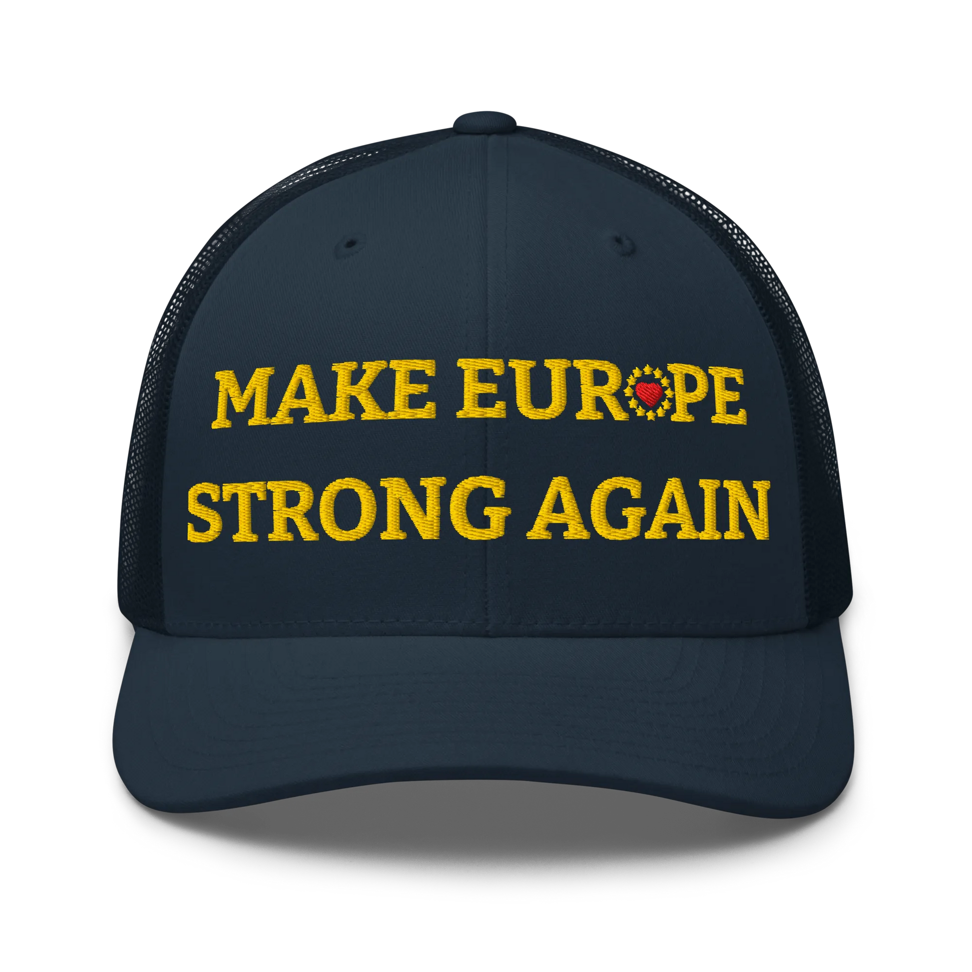 Navy Blue "Make Europe Strong Again" / MESA Trucker Cap with "Show the Love for Europe" emblem Front View