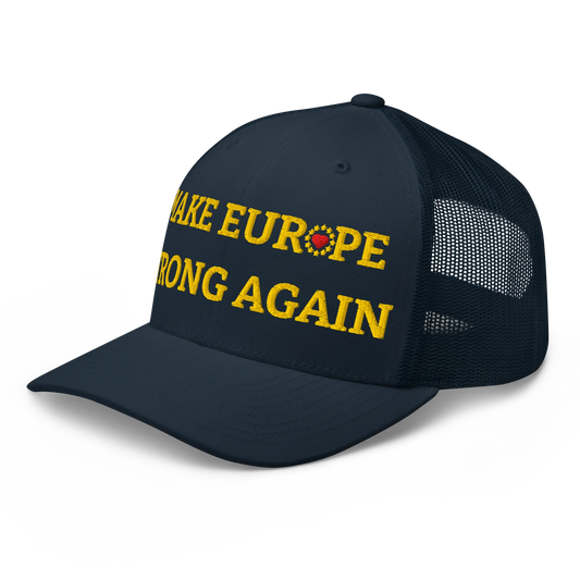 Navy Blue "Make Europe Strong Again" / MESA Trucker Cap with "Show the Love for Europe" emblem Left Front View
