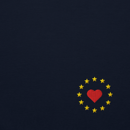 Navy Blue "Show the Love for EU" Unisex Sweatshirt Design Close-Up View