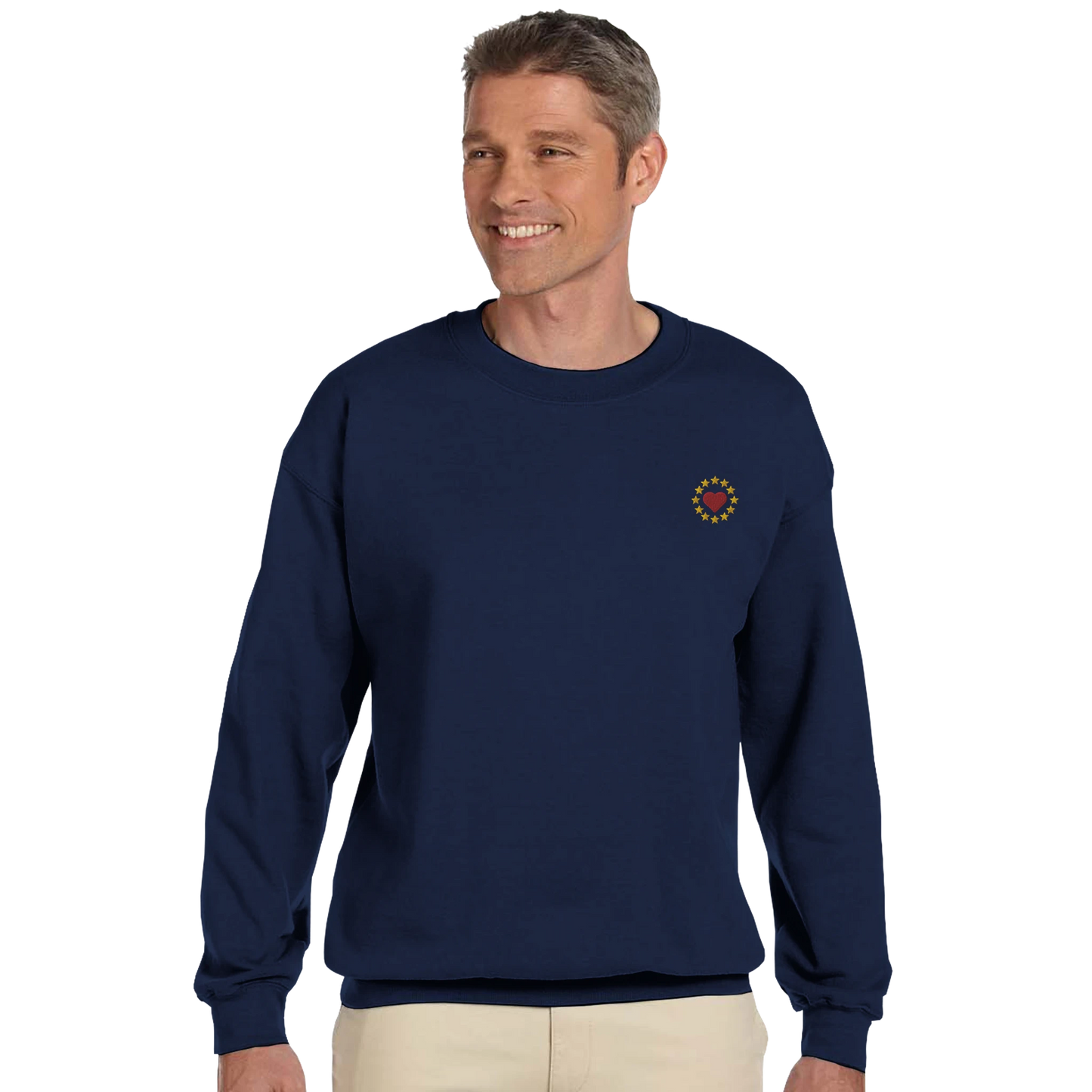 Navy Blue "Show the Love for EU" Unisex Sweatshirt On a Male Model