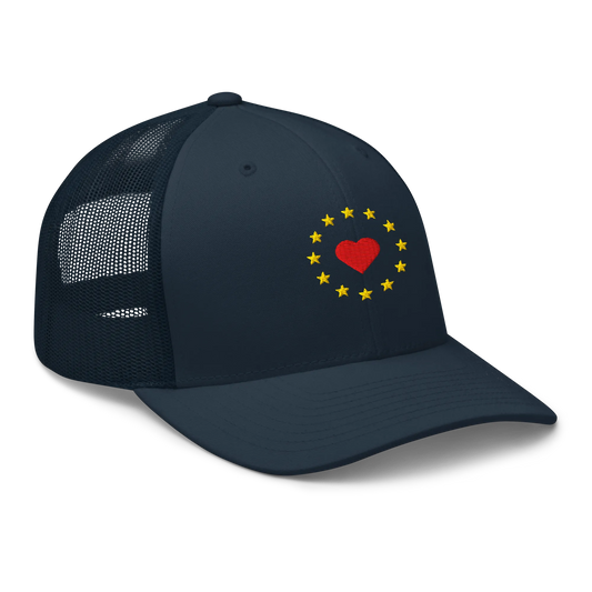 Navy Blue "Show the Love for Europe" Trucker Cap with Right Front View