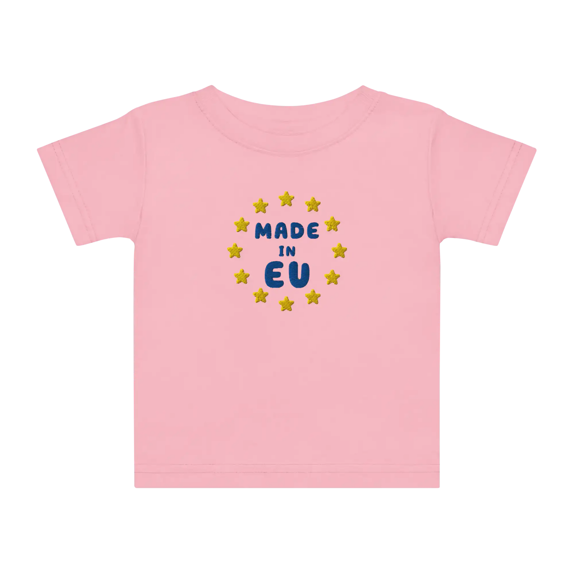 Pink "Made in EU" Embroidered Baby T-shirt Front View