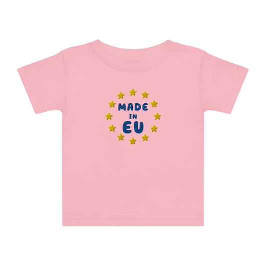 Pink "Made in EU" Embroidered Baby T-shirt Front View