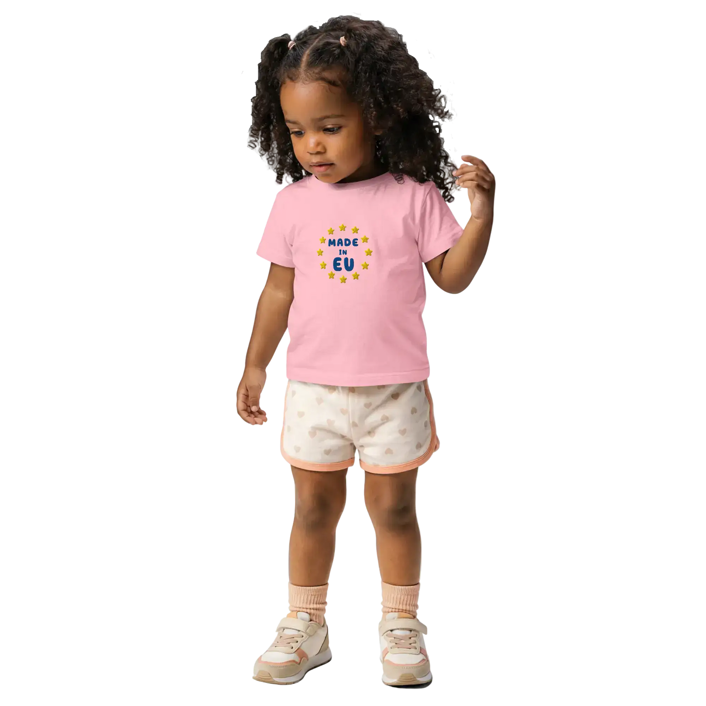 Pink "Made in EU" Embroidered Baby T-shirt on a Girl Front View