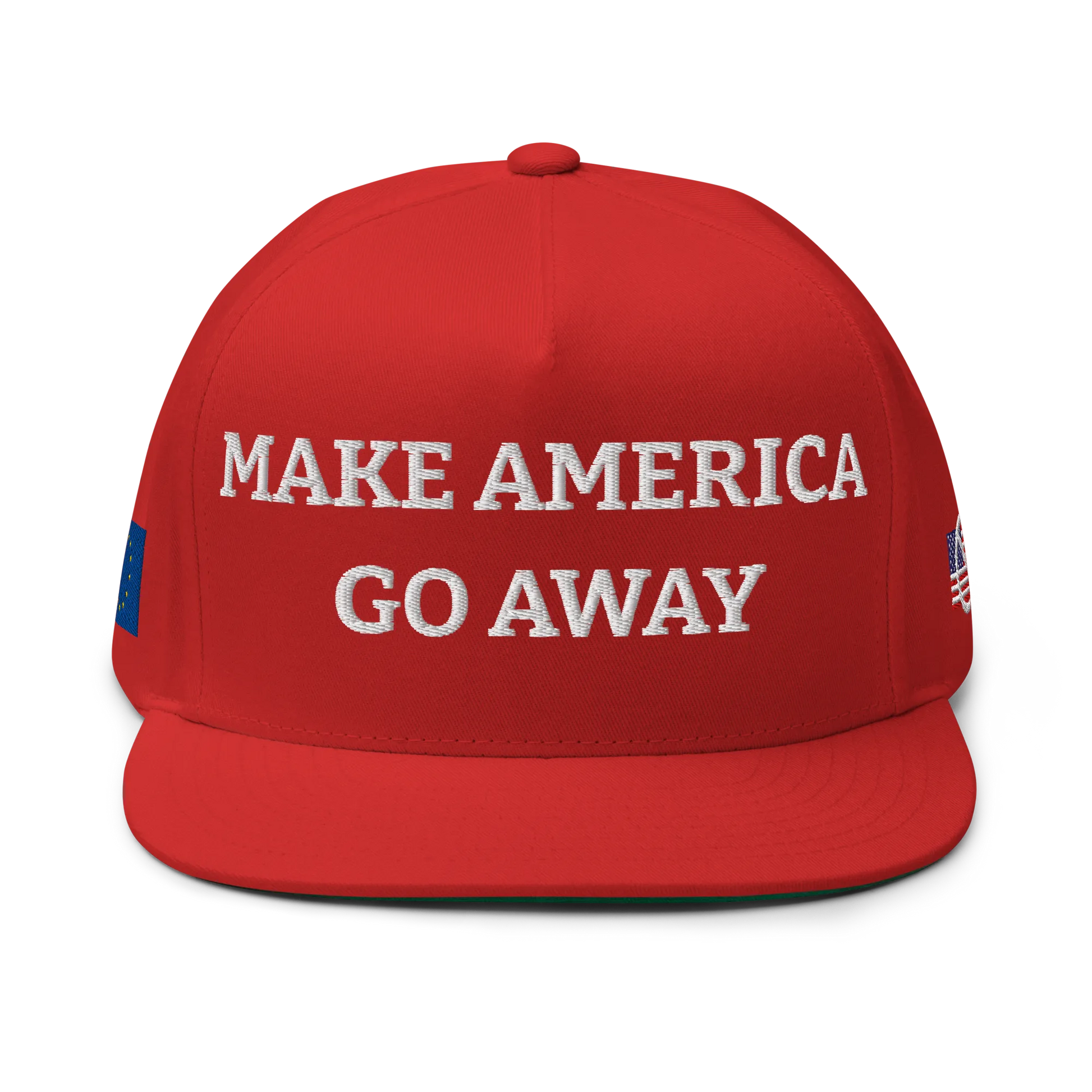 Red "Make America Go Away" / anti-MAGA Cap with Flag of European Union Front View