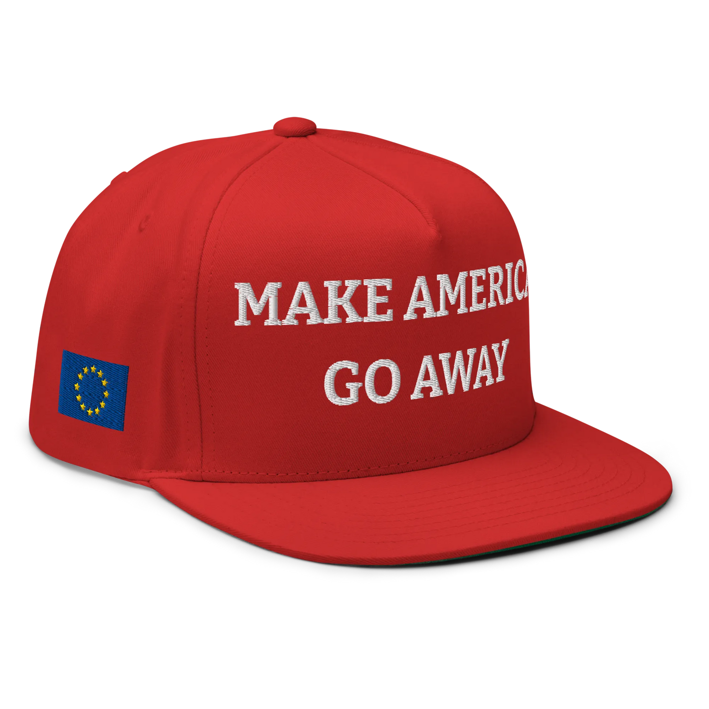 Red "Make America Go Away" / anti-MAGA Cap with Flag of European Union Right Front View
