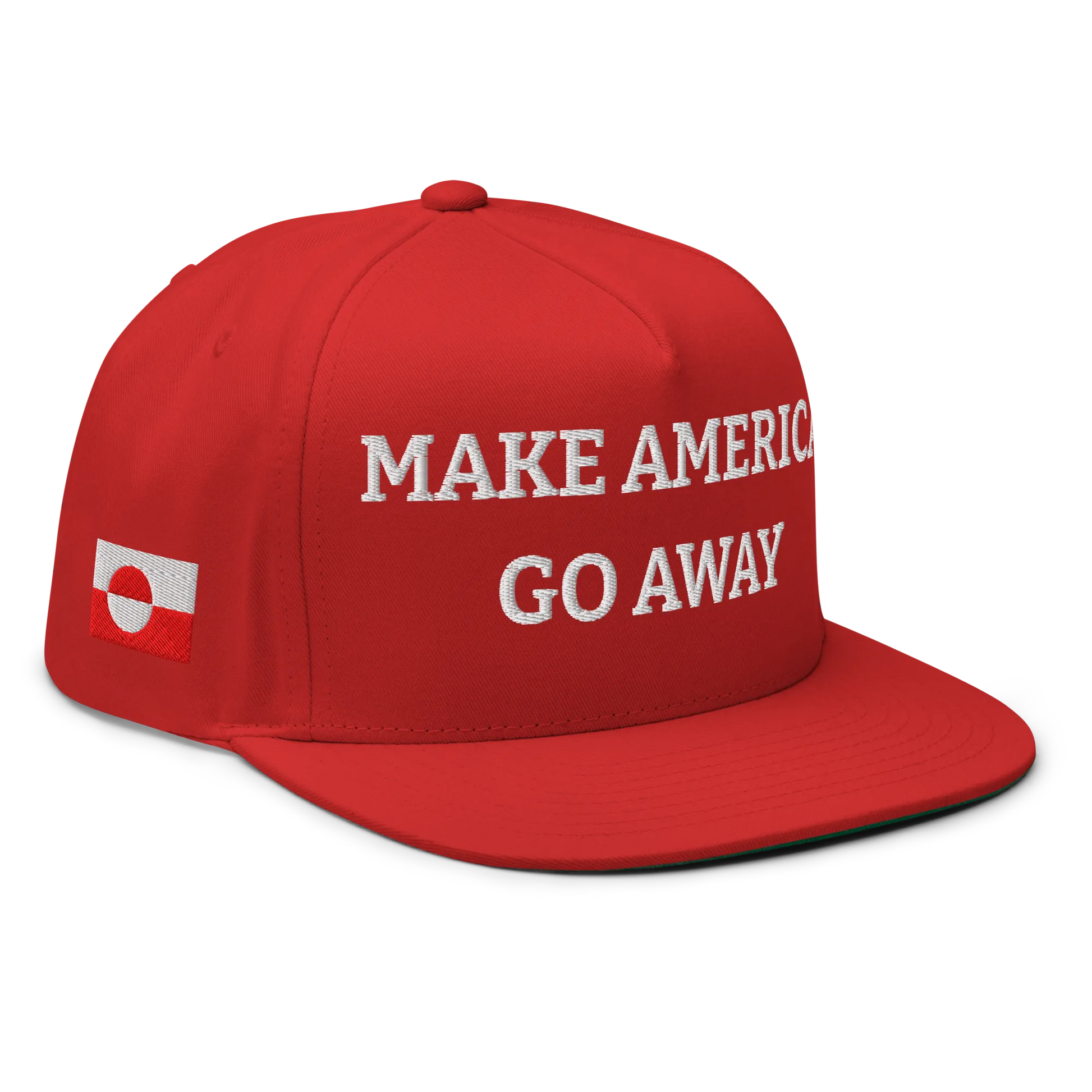 Red "Make America Go Away" / anti-MAGA Cap with Flag of Greenland Right Front View