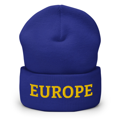 Royal Blue "EUROPE" Cuffed Beanie Front View