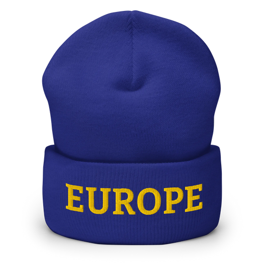 Royal Blue "EUROPE" Cuffed Beanie Front View