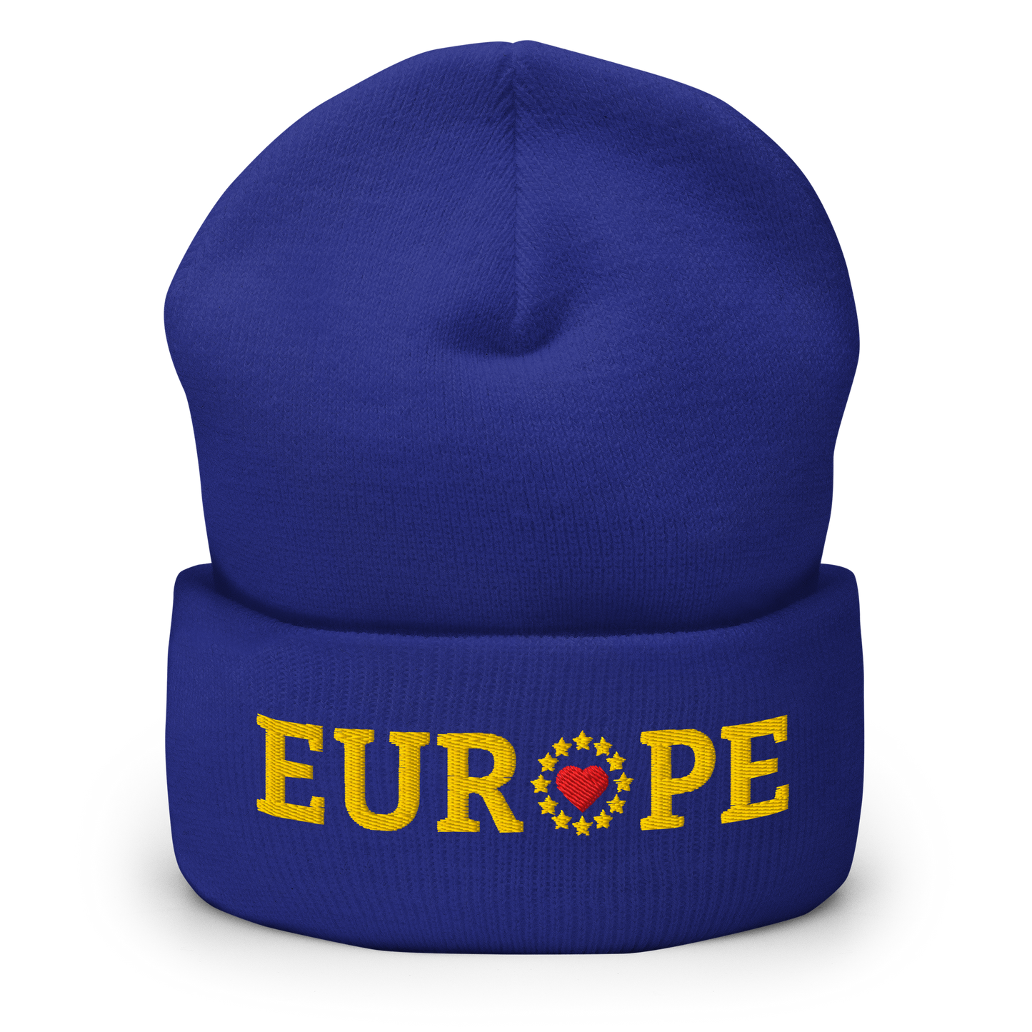 Royal Blue "EUROPE" Cuffed Beanie with "Show the Love for EU" emblem Front View