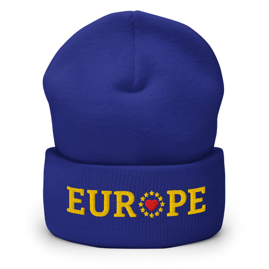 Royal Blue "EUROPE" Cuffed Beanie with "Show the Love for EU" emblem Front View