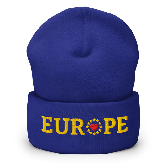 Royal Blue "EUROPE" Cuffed Beanie with "Show the Love for Europe" emblem Front View