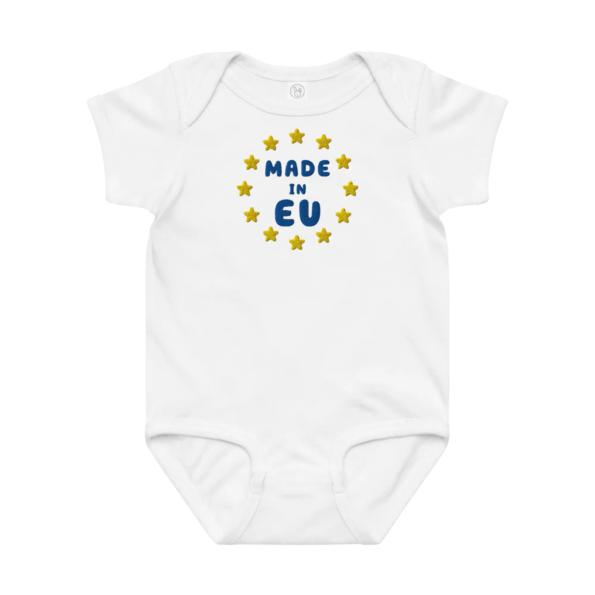 White "Made in EU" Embroidered Baby Bodysuit Front View