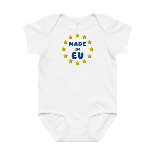 White "Made in EU" Embroidered Baby Bodysuit Front View