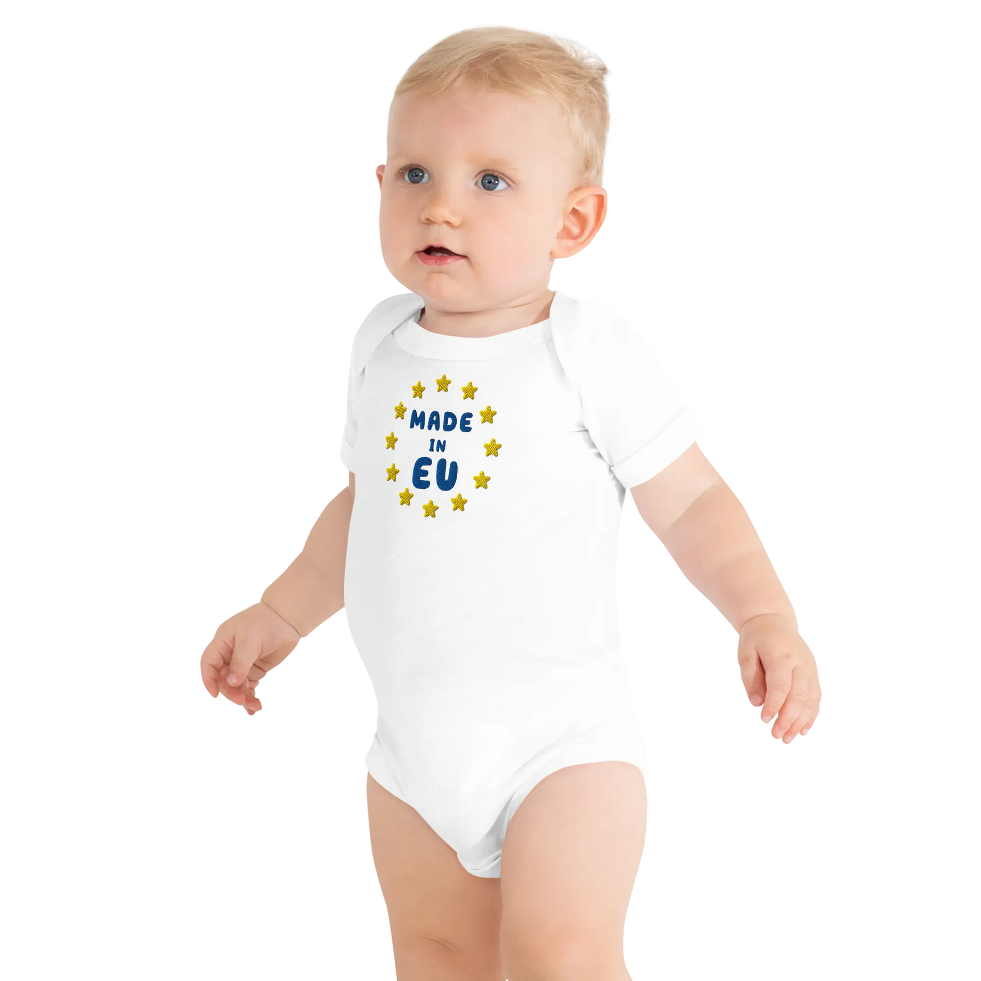 White "Made in EU" Embroidered Baby Bodysuit on a Toddler Front View