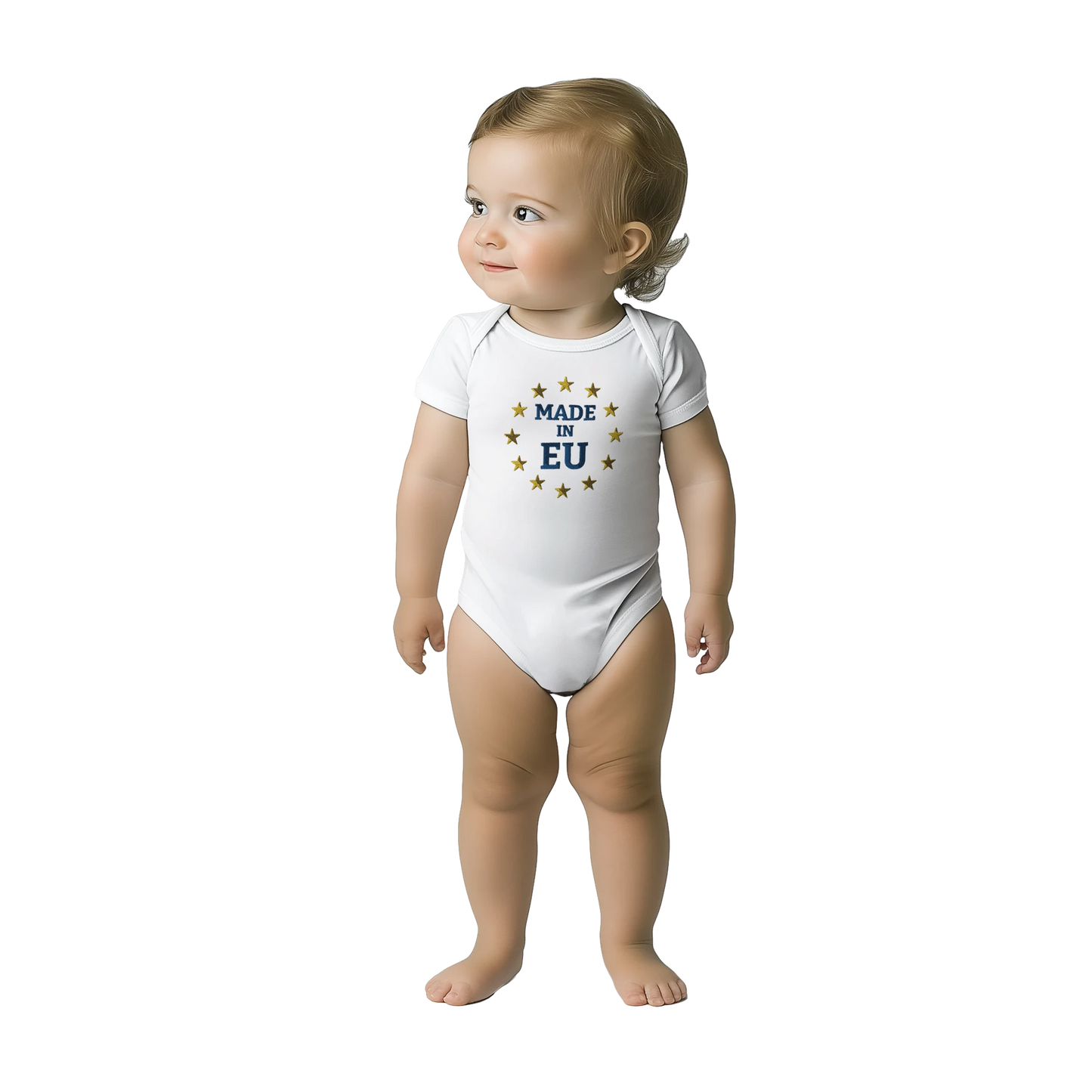 White "Made in EU" Embroidered Baby Bodysuit on an AI Toddler Front View