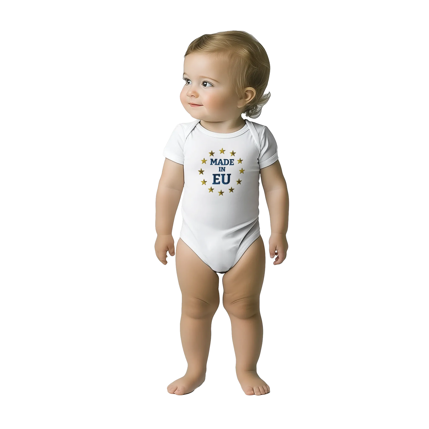 White "Made in EU" Embroidered Baby Bodysuit on an AI Toddler Front View