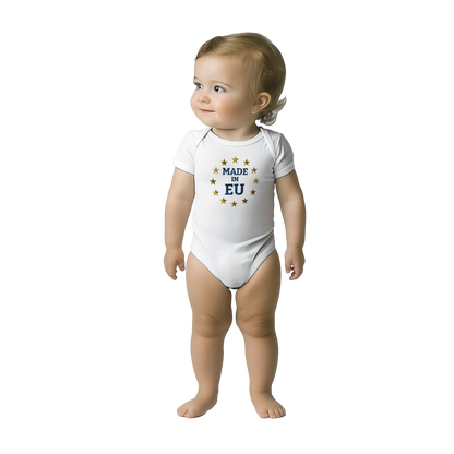 White "Made in EU" Embroidered Baby Bodysuit on an AI Toddler Front View