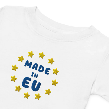 White "Made in EU" Embroidered Baby T-shirt Front View close-up