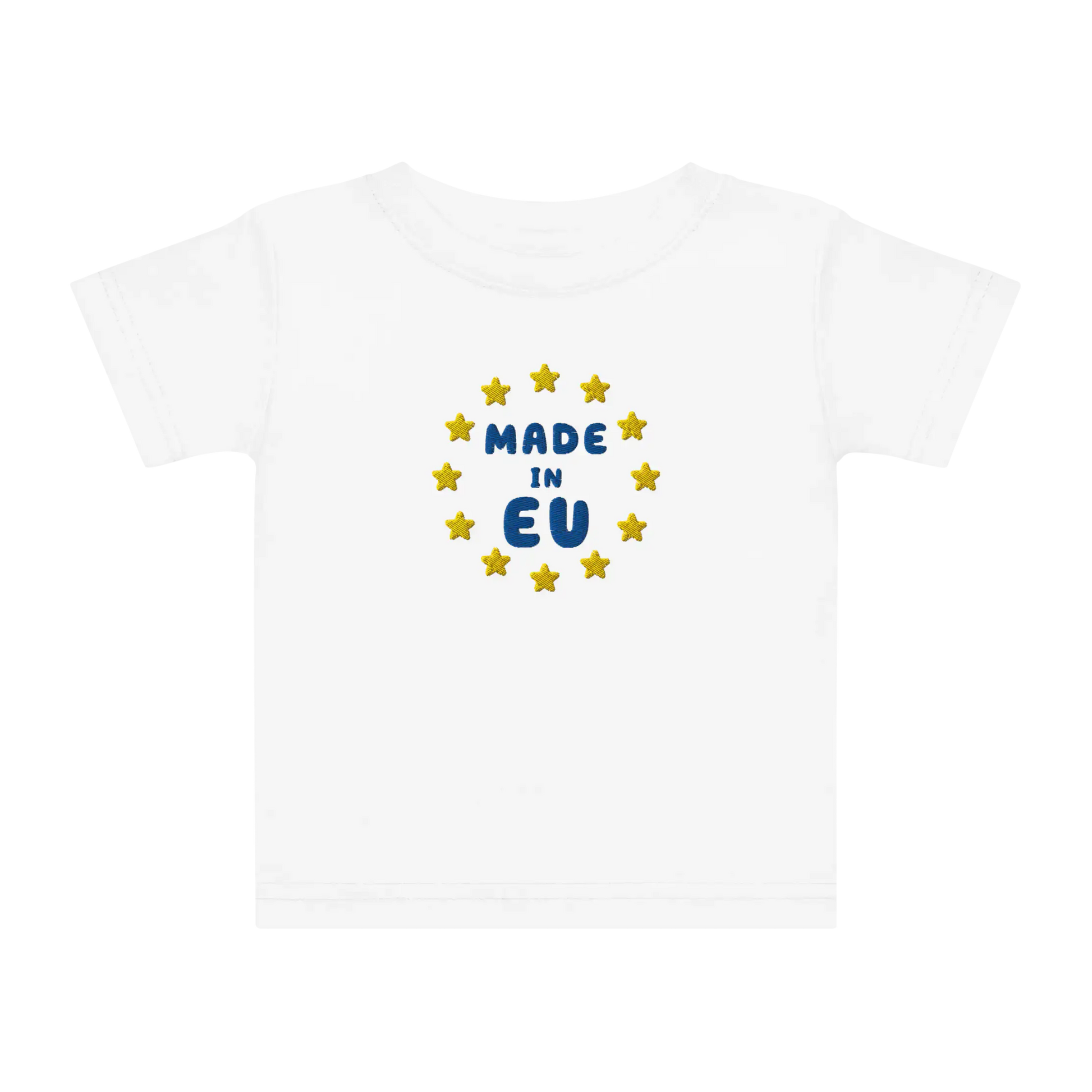 White "Made in EU" Embroidered Baby T-shirt Front View