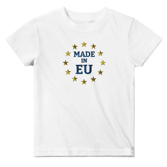 White "Made in EU" Embroidered Baby T-shirt Front View