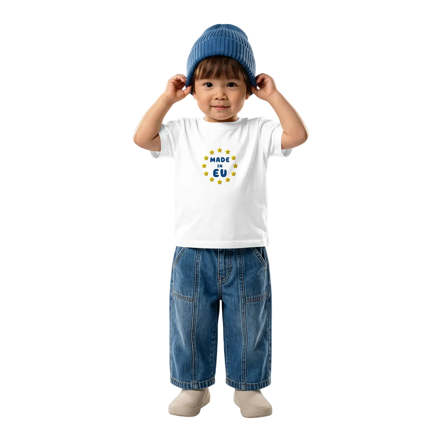 White "Made in EU" Embroidered Baby T-shirt on a Boy Front View