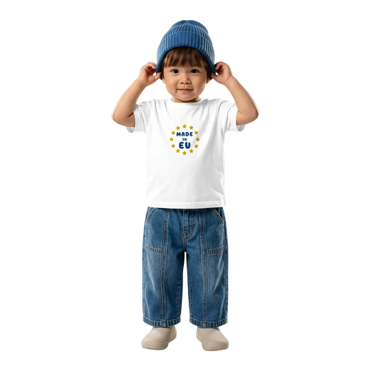 White "Made in EU" Embroidered Baby T-shirt on a Boy Front View