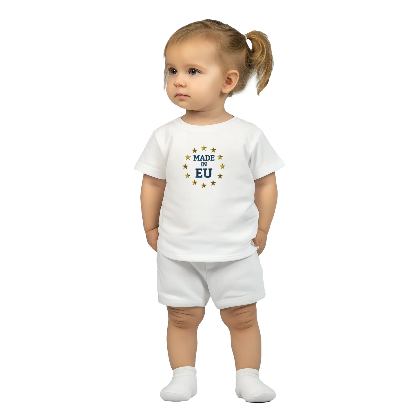 White "Made in EU" Embroidered Baby T-shirt on an AI Baby Girl Front View